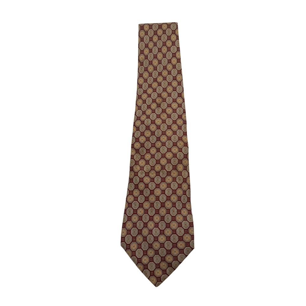 Vintage Gucci Silk Tie Burgundy Gold Geometric Interlocking G Logo Made in Italy